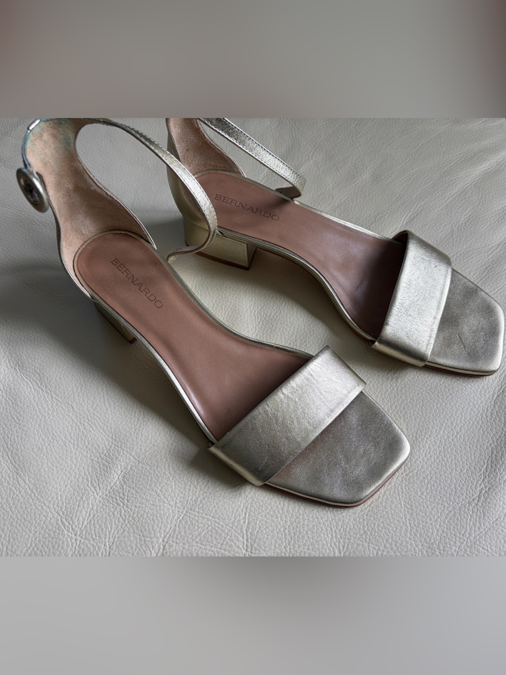 Bernardo Gold Ankle-Strap 1” Block Heel Sandal - Picture 2 of 4